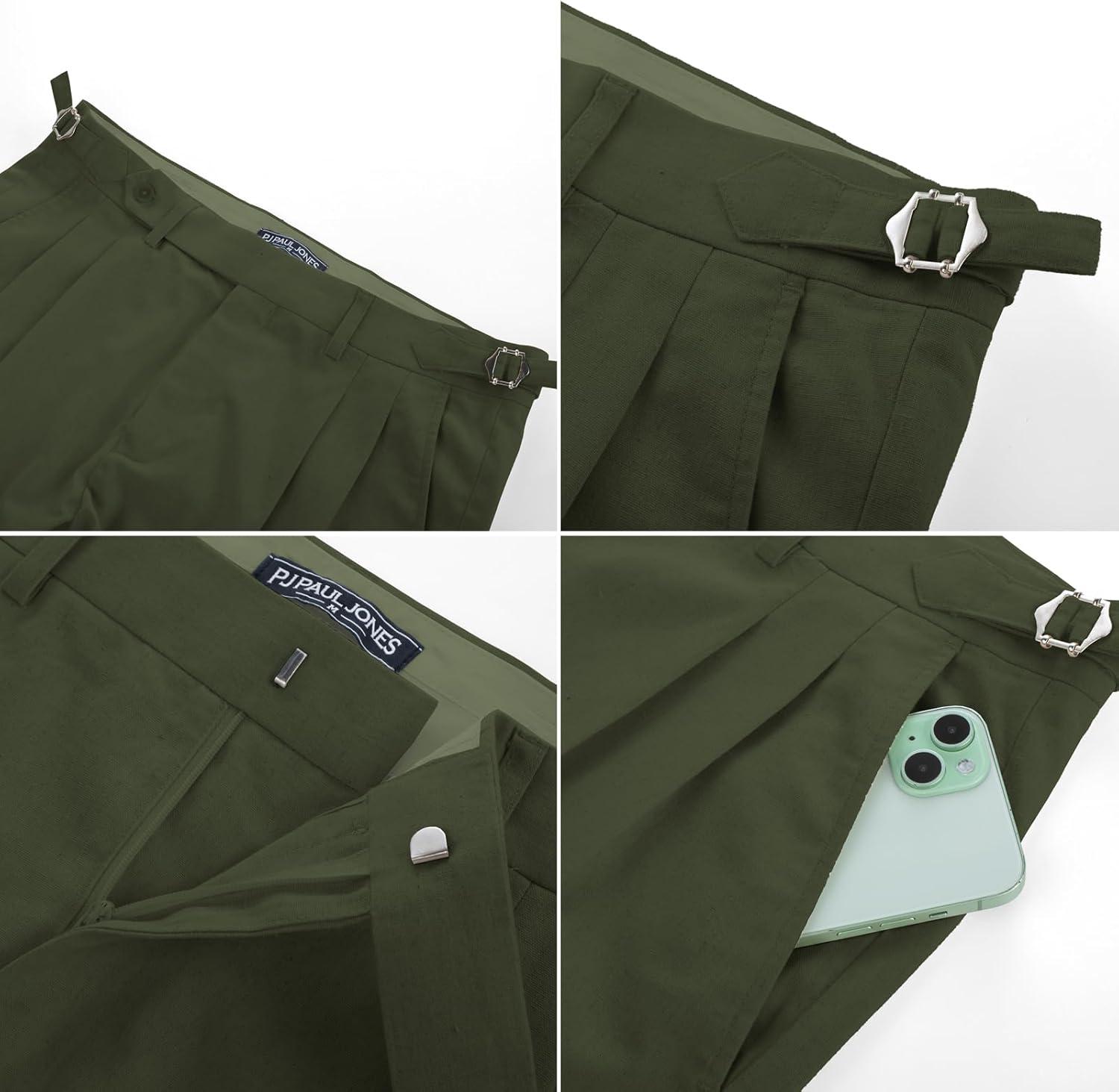 imagePJ PAUL JONES Mens Linen Dress Pants Casual Slim Fit Expandable Wasit Pleated Front TrousersArmy Green