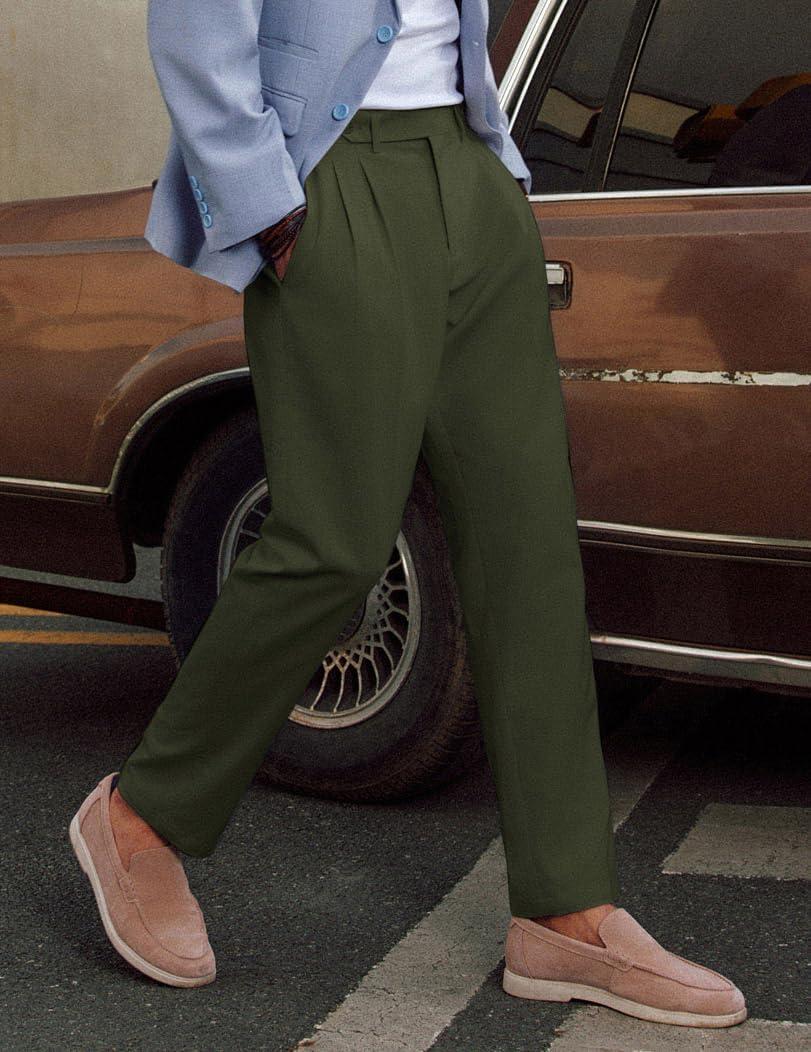 imagePJ PAUL JONES Mens Linen Dress Pants Casual Slim Fit Expandable Wasit Pleated Front TrousersArmy Green