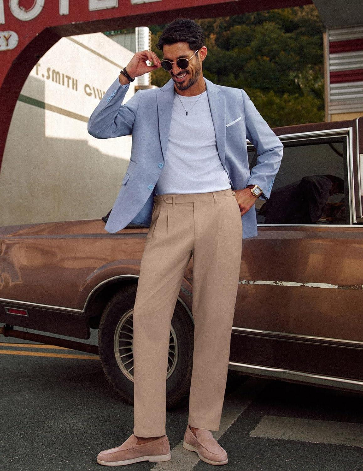 imagePJ PAUL JONES Mens Linen Dress Pants Casual Slim Fit Expandable Wasit Pleated Front TrousersKhaki