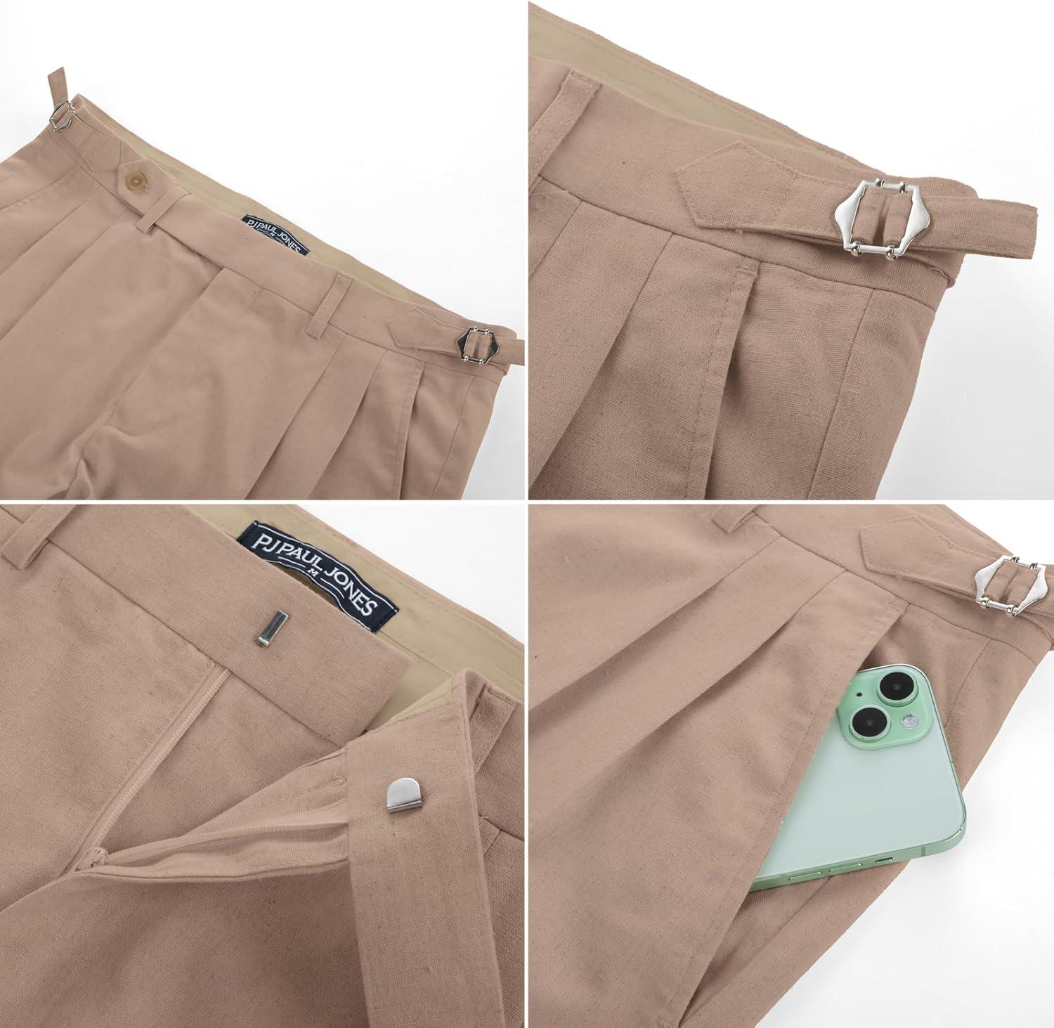 imagePJ PAUL JONES Mens Linen Dress Pants Casual Slim Fit Expandable Wasit Pleated Front TrousersKhaki