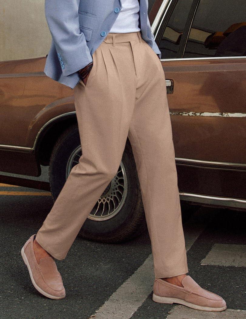 imagePJ PAUL JONES Mens Linen Dress Pants Casual Slim Fit Expandable Wasit Pleated Front TrousersKhaki