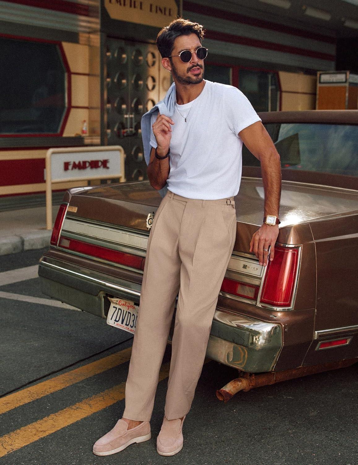 imagePJ PAUL JONES Mens Linen Dress Pants Casual Slim Fit Expandable Wasit Pleated Front TrousersKhaki