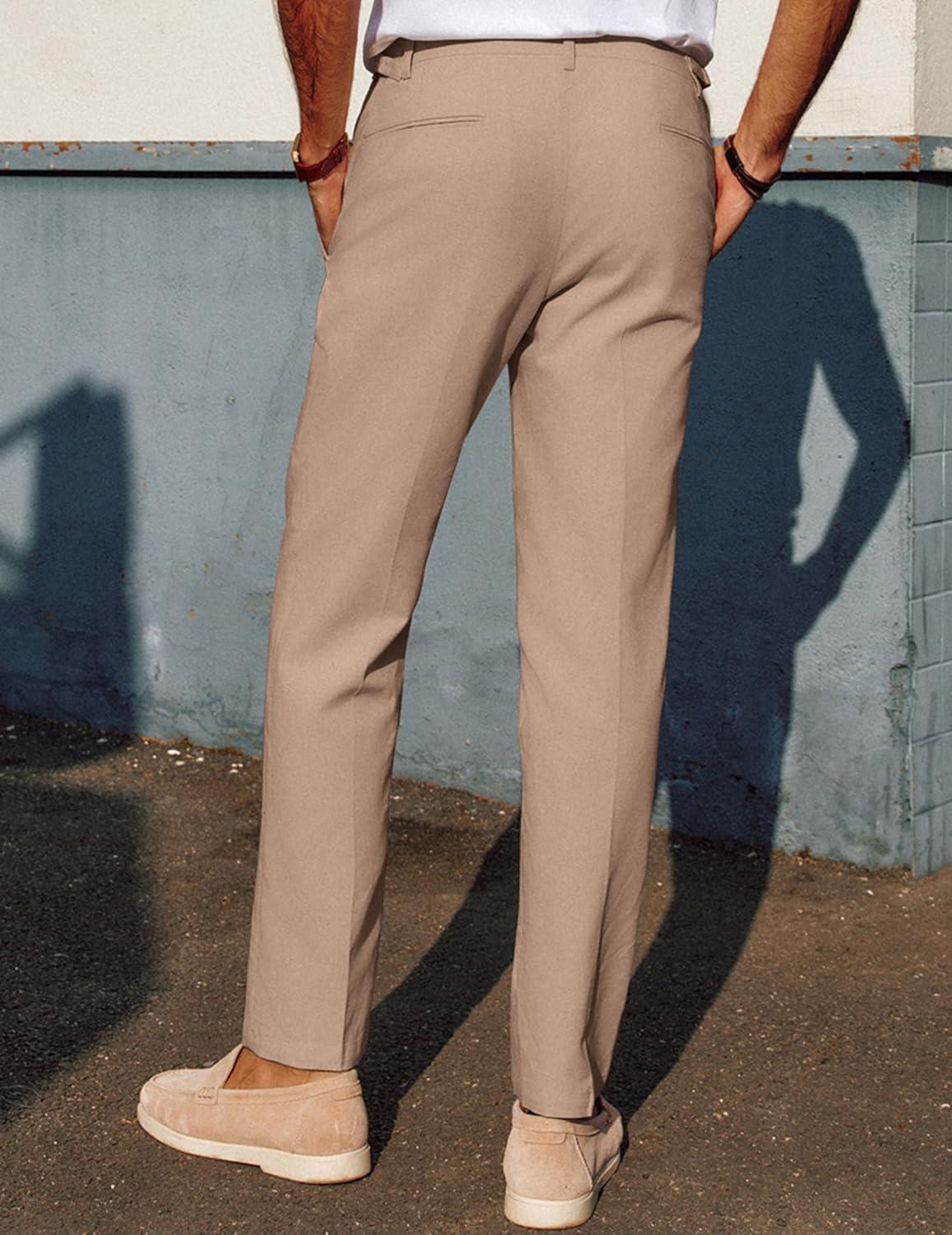 imagePJ PAUL JONES Mens Linen Dress Pants Casual Slim Fit Expandable Wasit Pleated Front TrousersKhaki