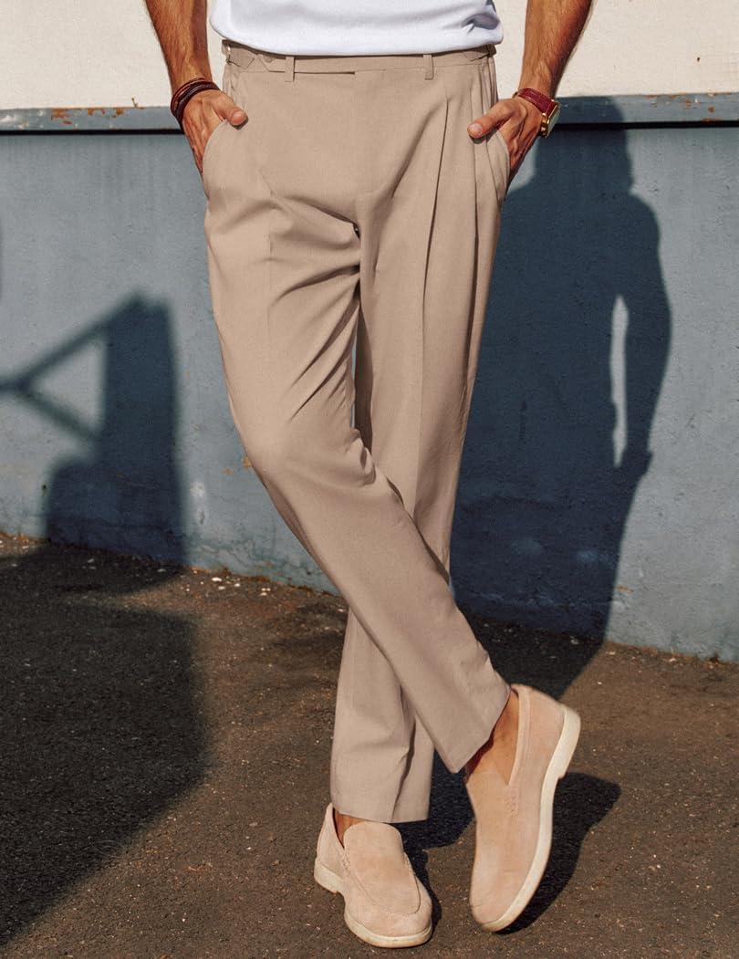 imagePJ PAUL JONES Mens Linen Dress Pants Casual Slim Fit Expandable Wasit Pleated Front TrousersKhaki