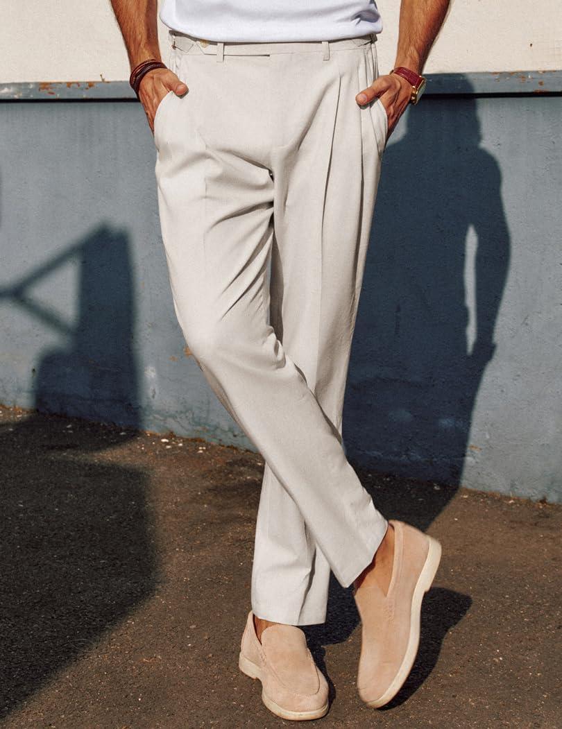 imagePJ PAUL JONES Mens Linen Dress Pants Casual Slim Fit Expandable Wasit Pleated Front TrousersLight Khaki