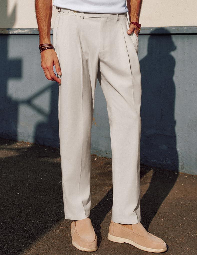 imagePJ PAUL JONES Mens Linen Dress Pants Casual Slim Fit Expandable Wasit Pleated Front TrousersLight Khaki