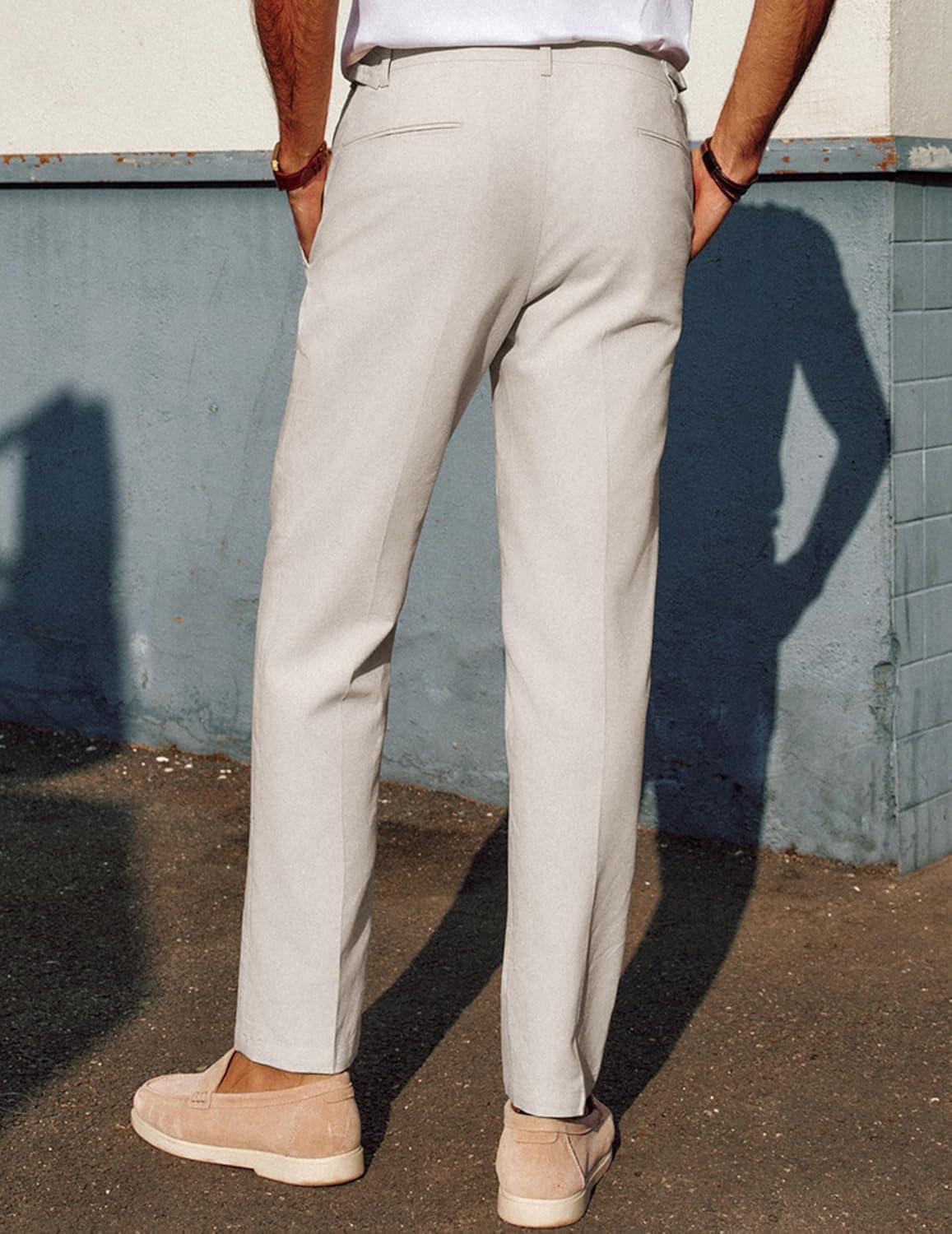 imagePJ PAUL JONES Mens Linen Dress Pants Casual Slim Fit Expandable Wasit Pleated Front TrousersLight Khaki