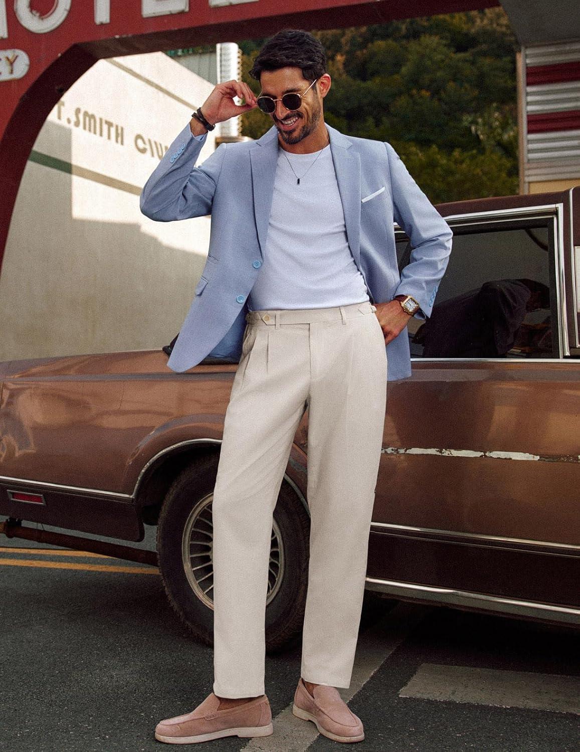 imagePJ PAUL JONES Mens Linen Dress Pants Casual Slim Fit Expandable Wasit Pleated Front TrousersLight Khaki