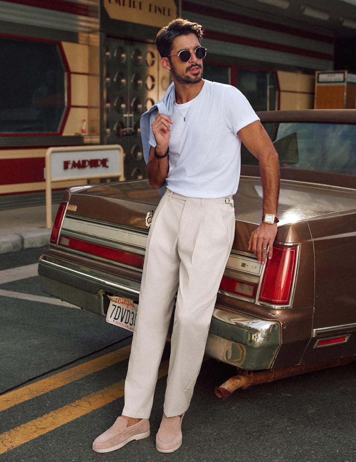 imagePJ PAUL JONES Mens Linen Dress Pants Casual Slim Fit Expandable Wasit Pleated Front TrousersLight Khaki