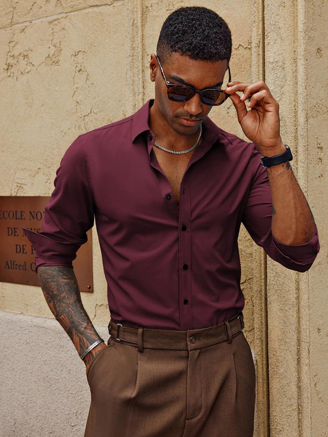 imagePJ PAUL JONES Mens Long Sleeve Button Down Shirts Wrinkle Free Stretch Untucked Dress Shirts Business Casual ShirtWine Red