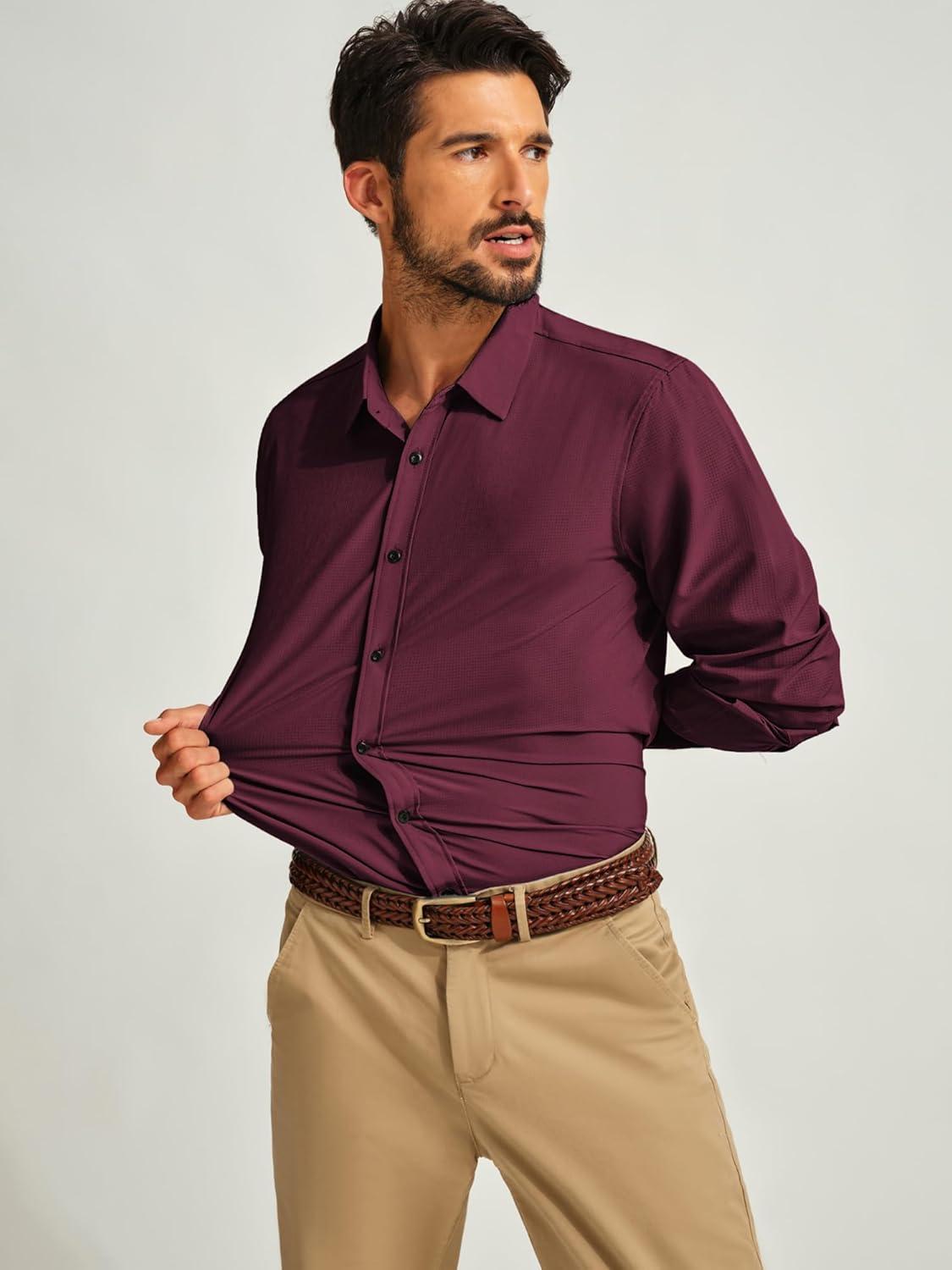 imagePJ PAUL JONES Mens Long Sleeve Button Down Shirts Wrinkle Free Stretch Untucked Dress Shirts Business Casual ShirtWine Red