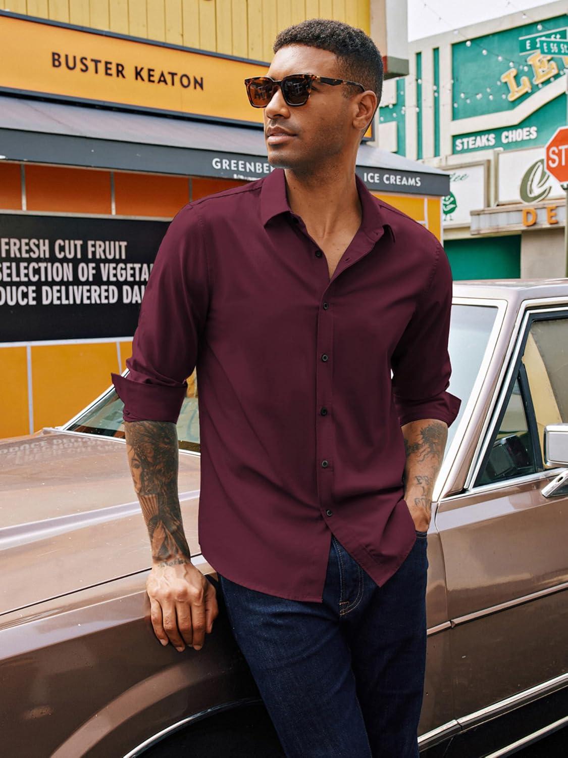 imagePJ PAUL JONES Mens Long Sleeve Button Down Shirts Wrinkle Free Stretch Untucked Dress Shirts Business Casual ShirtWine Red