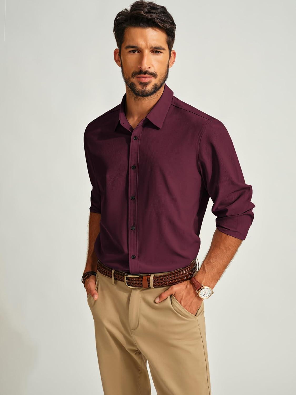 imagePJ PAUL JONES Mens Long Sleeve Button Down Shirts Wrinkle Free Stretch Untucked Dress Shirts Business Casual ShirtWine Red