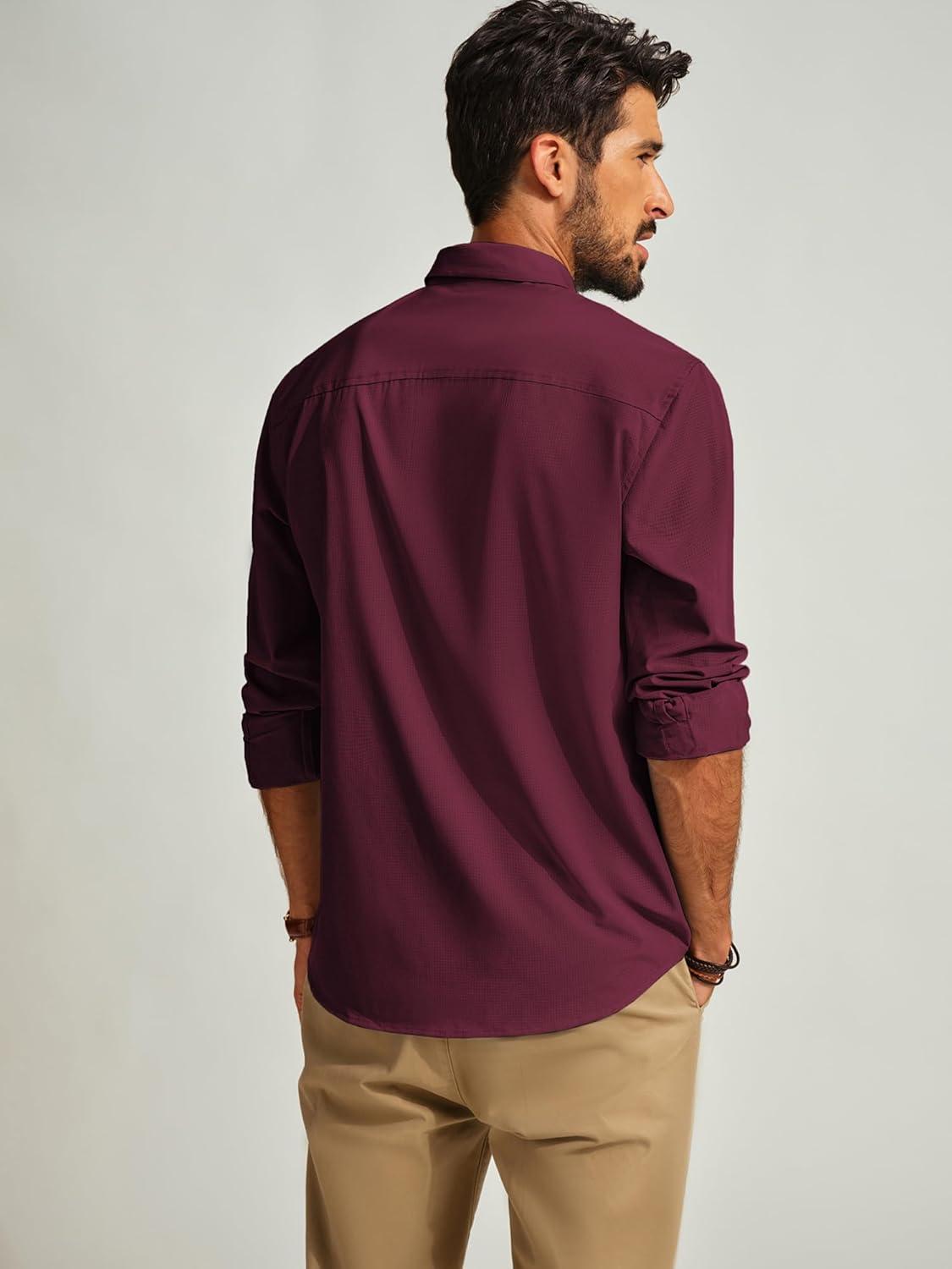 imagePJ PAUL JONES Mens Long Sleeve Button Down Shirts Wrinkle Free Stretch Untucked Dress Shirts Business Casual ShirtWine Red