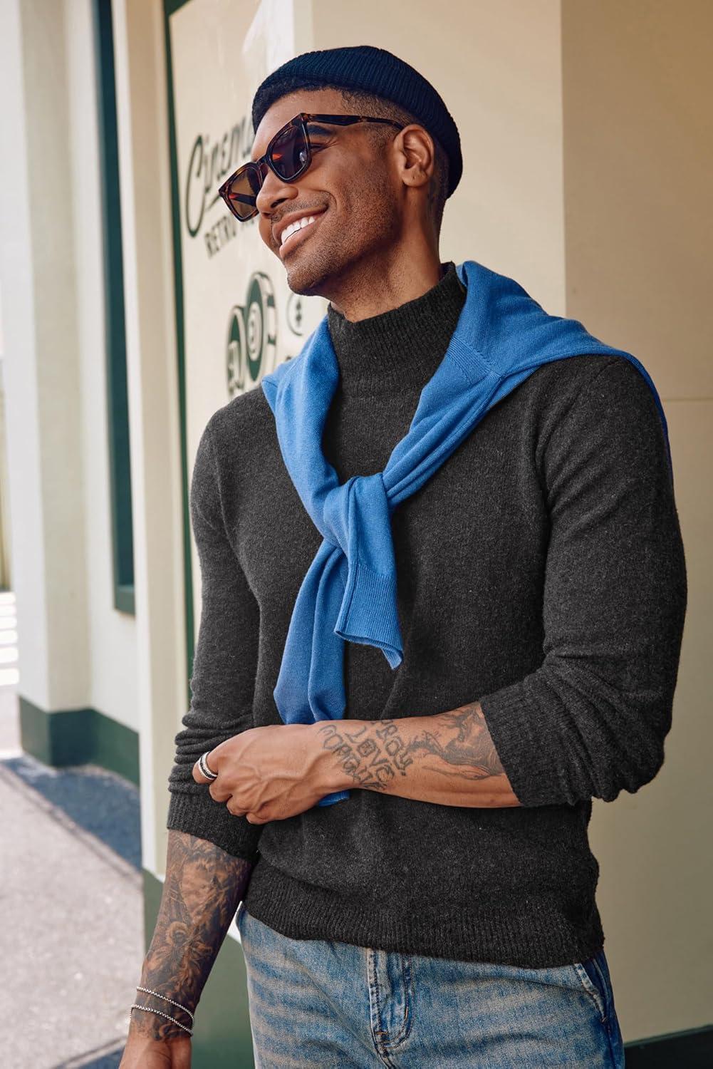 imagePJ PAUL JONES Mens Mock Turtleneck Sweater Long Sleeve Undershirts Wool Blend Pullover SweatersDark Gray