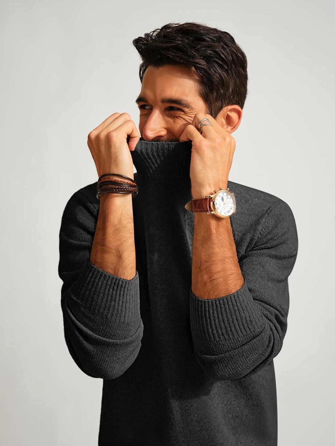 imagePJ PAUL JONES Mens Mock Turtleneck Sweater Long Sleeve Undershirts Wool Blend Pullover SweatersDark Gray