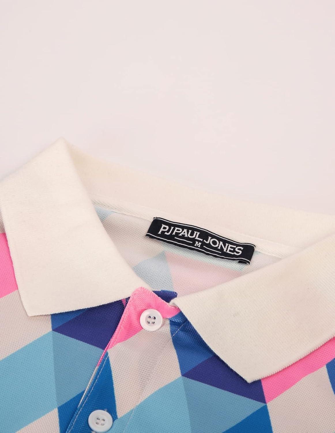 imagePJ PAUL JONES Mens Polo Shirt Short Sleeve Performance Golf Polo Shirts Daily CasualWearPinkblue Grid