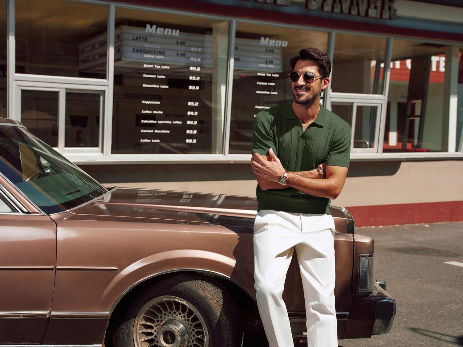 imagePJ PAUL JONES Mens Polo Shirt V Neck Texture Shirt Short Sleeve Casual Knit PolosArmy Green