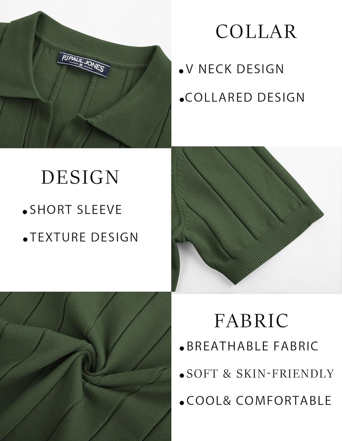imagePJ PAUL JONES Mens Polo Shirt V Neck Texture Shirt Short Sleeve Casual Knit PolosArmy Green