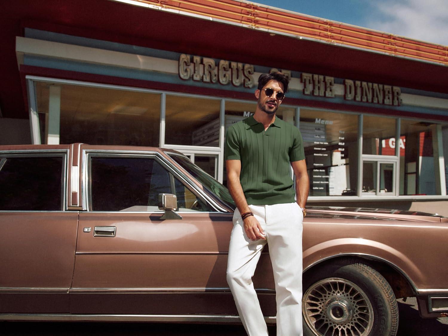 imagePJ PAUL JONES Mens Polo Shirt V Neck Texture Shirt Short Sleeve Casual Knit PolosArmy Green