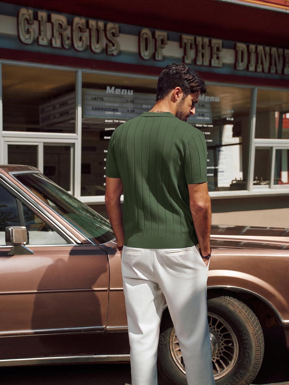 imagePJ PAUL JONES Mens Polo Shirt V Neck Texture Shirt Short Sleeve Casual Knit PolosArmy Green