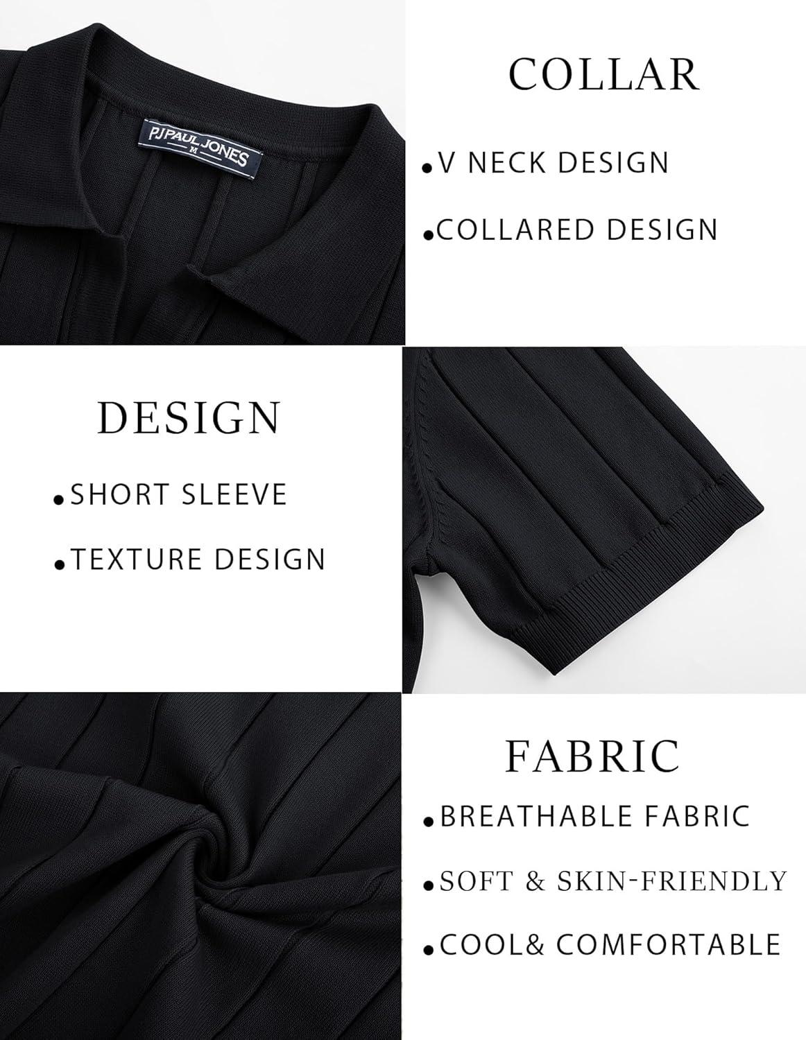imagePJ PAUL JONES Mens Polo Shirt V Neck Texture Shirt Short Sleeve Casual Knit PolosBlack