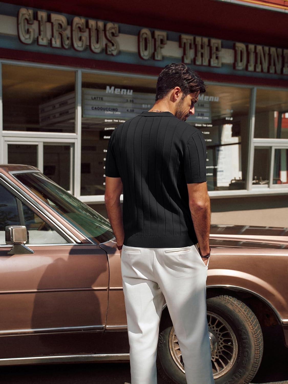 imagePJ PAUL JONES Mens Polo Shirt V Neck Texture Shirt Short Sleeve Casual Knit PolosBlack