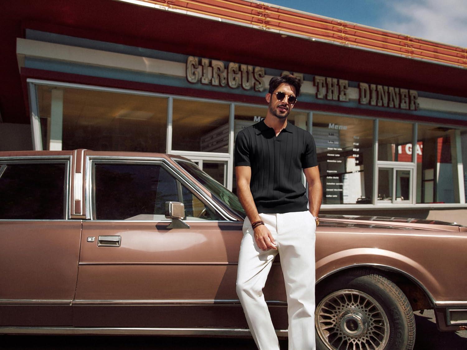 imagePJ PAUL JONES Mens Polo Shirt V Neck Texture Shirt Short Sleeve Casual Knit PolosBlack