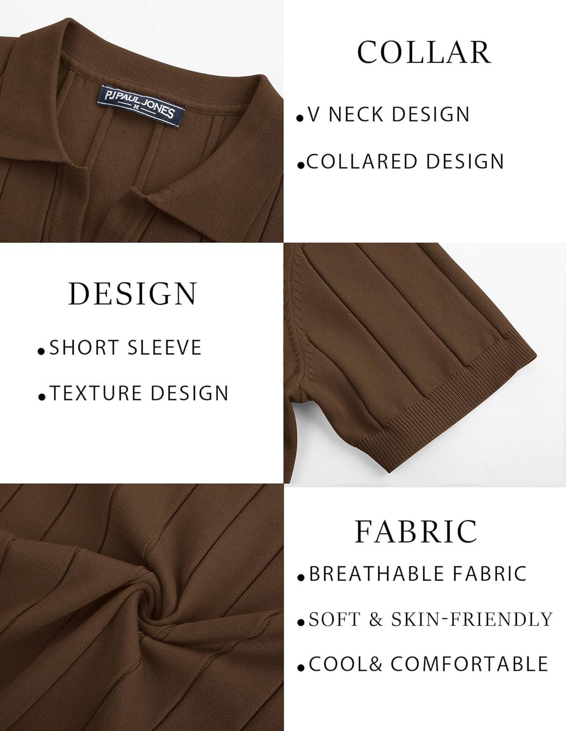 imagePJ PAUL JONES Mens Polo Shirt V Neck Texture Shirt Short Sleeve Casual Knit PolosCoffee