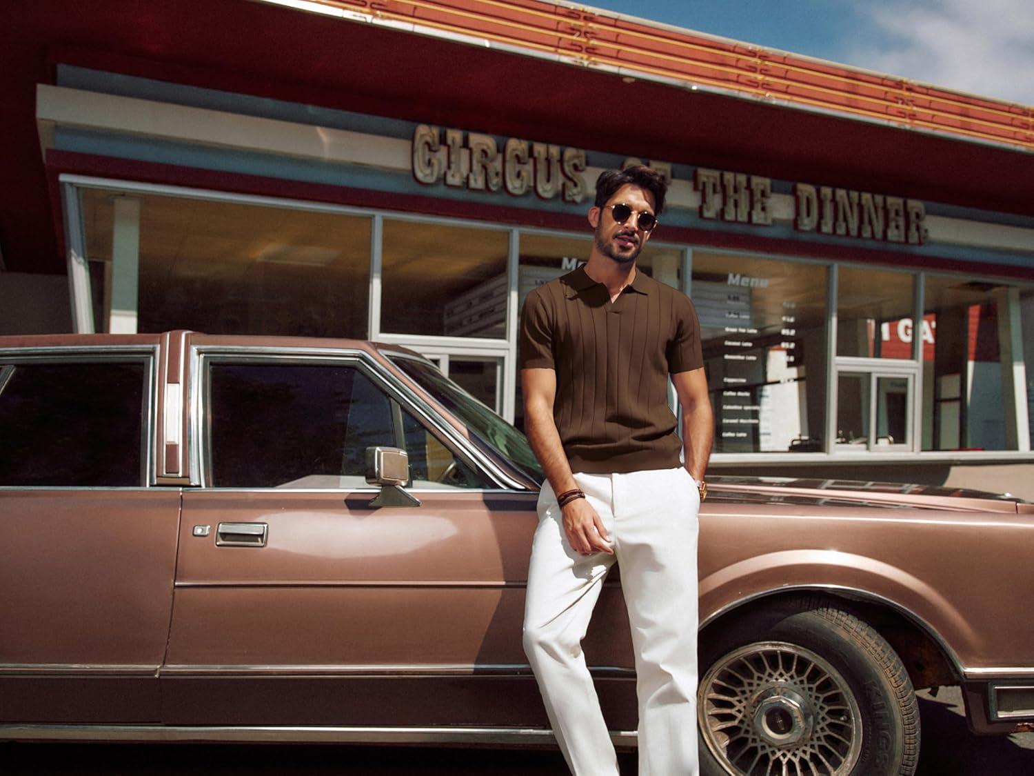 imagePJ PAUL JONES Mens Polo Shirt V Neck Texture Shirt Short Sleeve Casual Knit PolosCoffee