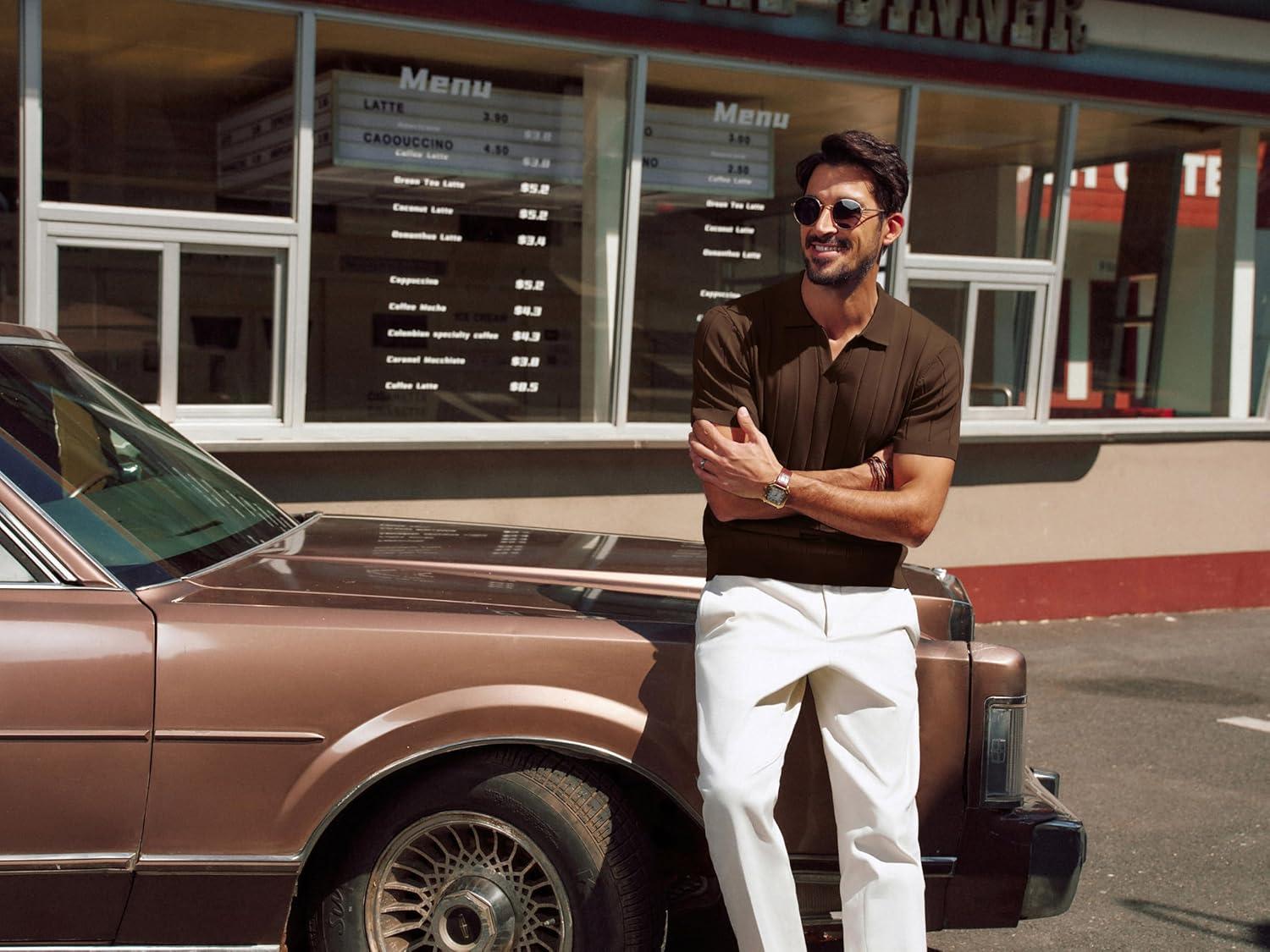 imagePJ PAUL JONES Mens Polo Shirt V Neck Texture Shirt Short Sleeve Casual Knit PolosCoffee