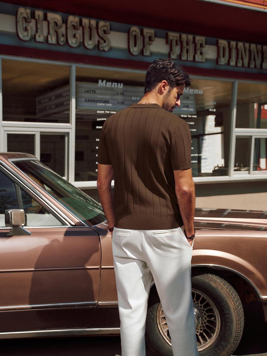 imagePJ PAUL JONES Mens Polo Shirt V Neck Texture Shirt Short Sleeve Casual Knit PolosCoffee