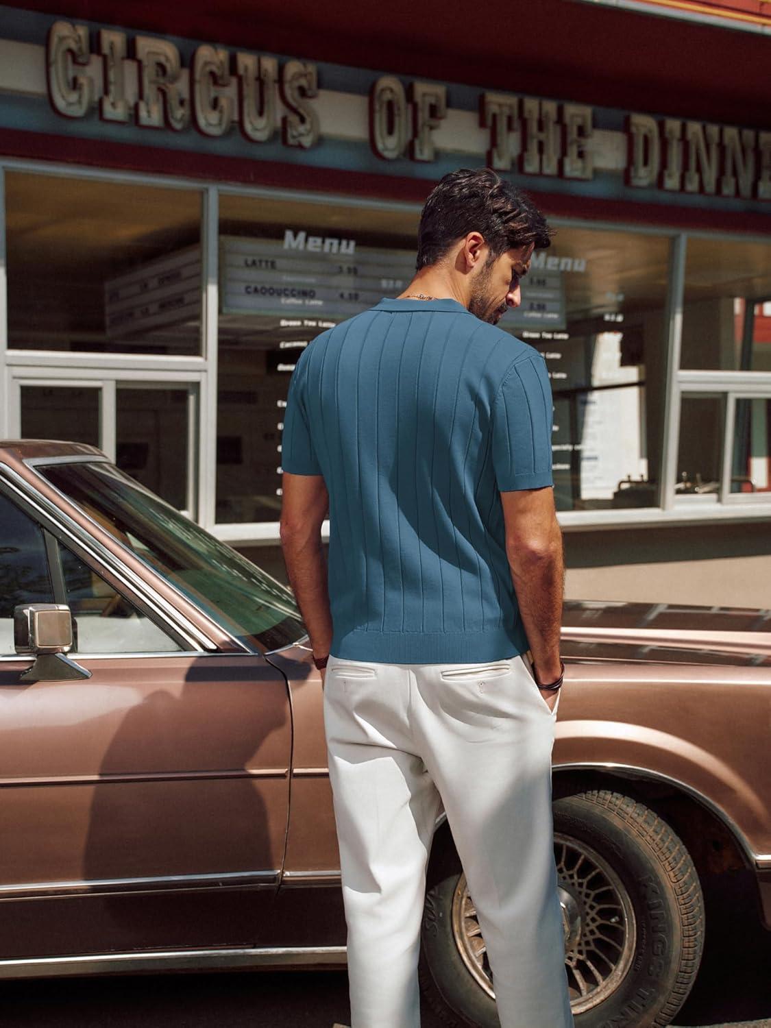 imagePJ PAUL JONES Mens Polo Shirt V Neck Texture Shirt Short Sleeve Casual Knit PolosDark Blue