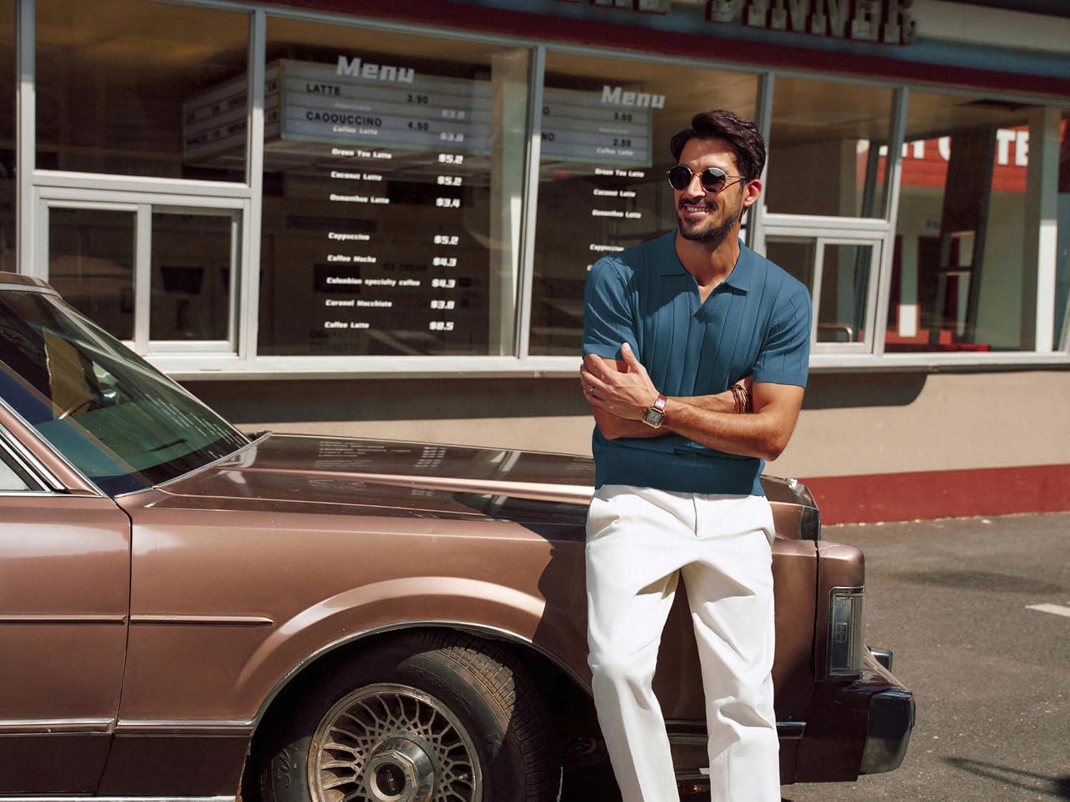 imagePJ PAUL JONES Mens Polo Shirt V Neck Texture Shirt Short Sleeve Casual Knit PolosDark Blue