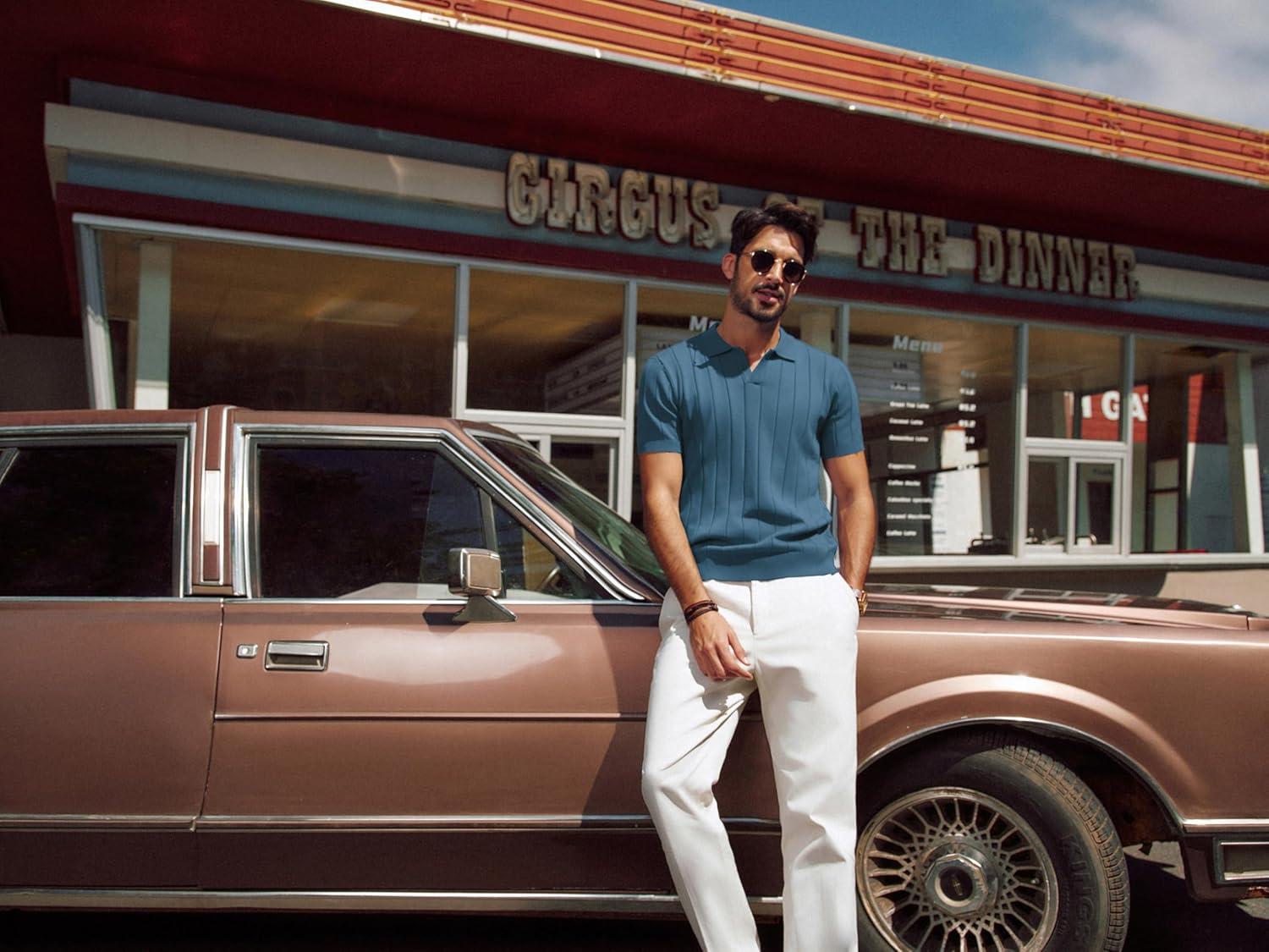 imagePJ PAUL JONES Mens Polo Shirt V Neck Texture Shirt Short Sleeve Casual Knit PolosDark Blue