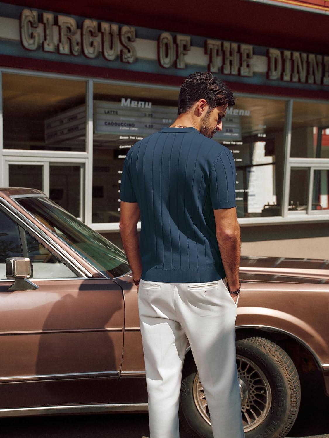 imagePJ PAUL JONES Mens Polo Shirt V Neck Texture Shirt Short Sleeve Casual Knit PolosNavy Blue