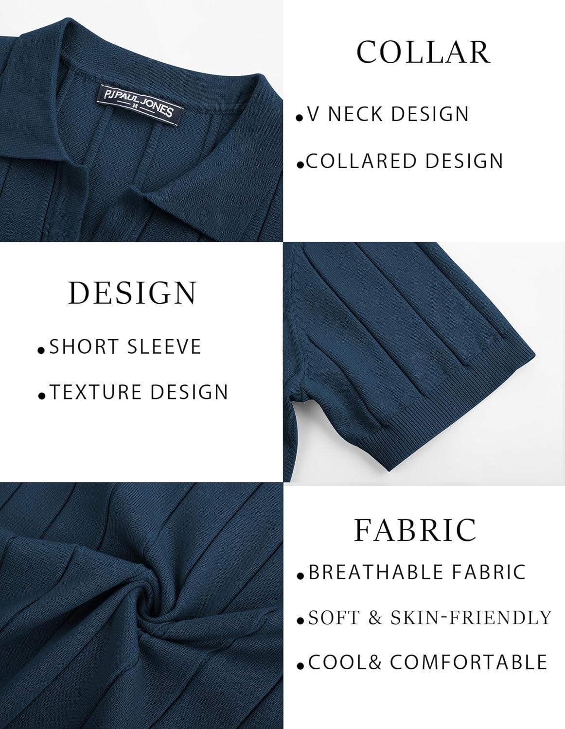 imagePJ PAUL JONES Mens Polo Shirt V Neck Texture Shirt Short Sleeve Casual Knit PolosNavy Blue