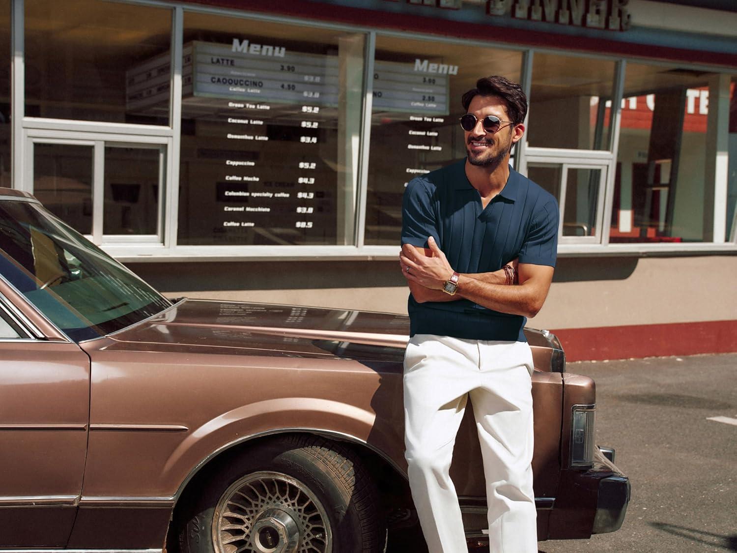 imagePJ PAUL JONES Mens Polo Shirt V Neck Texture Shirt Short Sleeve Casual Knit PolosNavy Blue