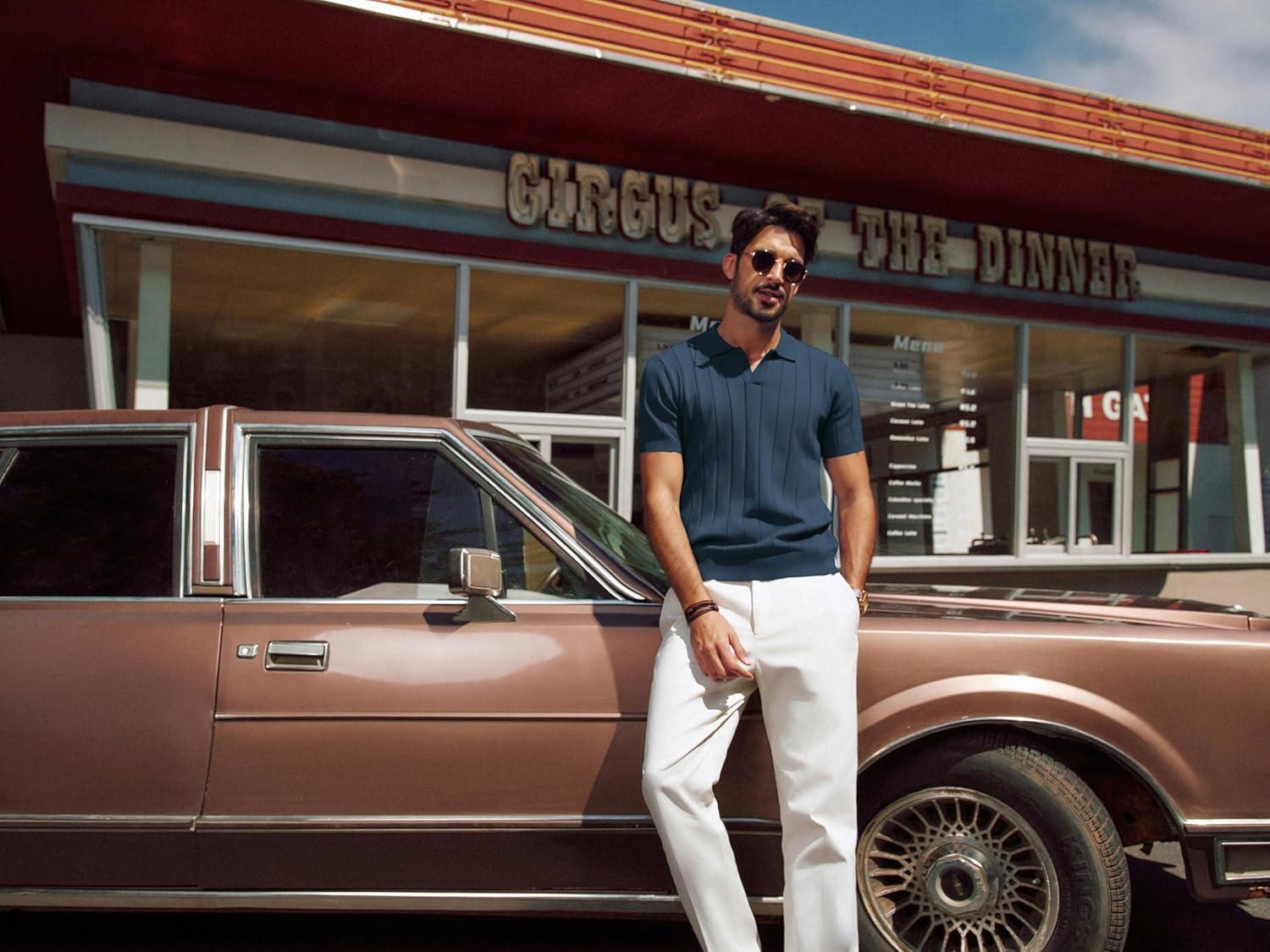 imagePJ PAUL JONES Mens Polo Shirt V Neck Texture Shirt Short Sleeve Casual Knit PolosNavy Blue