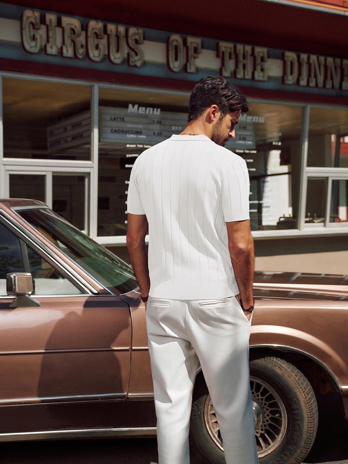 imagePJ PAUL JONES Mens Polo Shirt V Neck Texture Shirt Short Sleeve Casual Knit PolosWhite