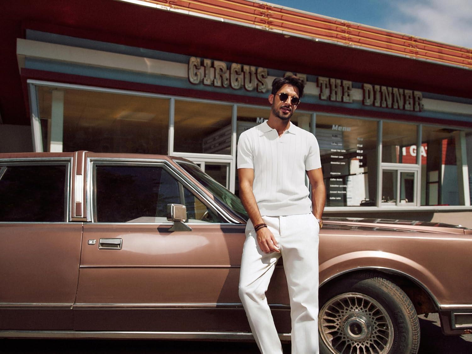 imagePJ PAUL JONES Mens Polo Shirt V Neck Texture Shirt Short Sleeve Casual Knit PolosWhite