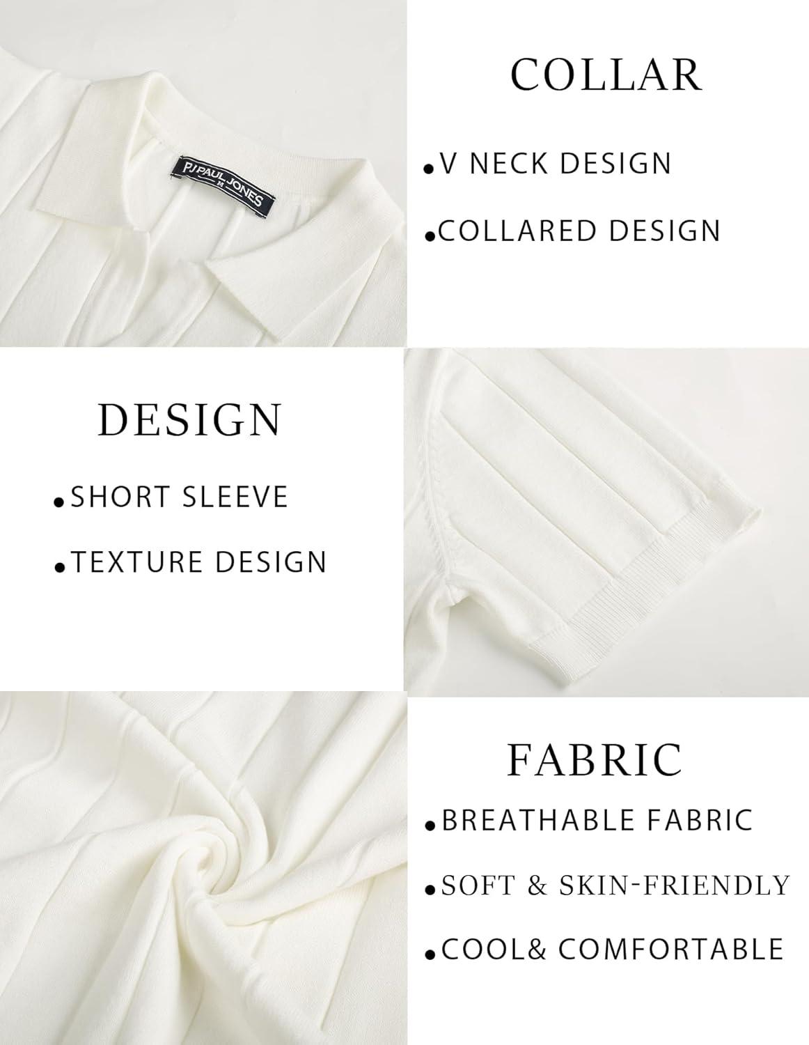 imagePJ PAUL JONES Mens Polo Shirt V Neck Texture Shirt Short Sleeve Casual Knit PolosWhite