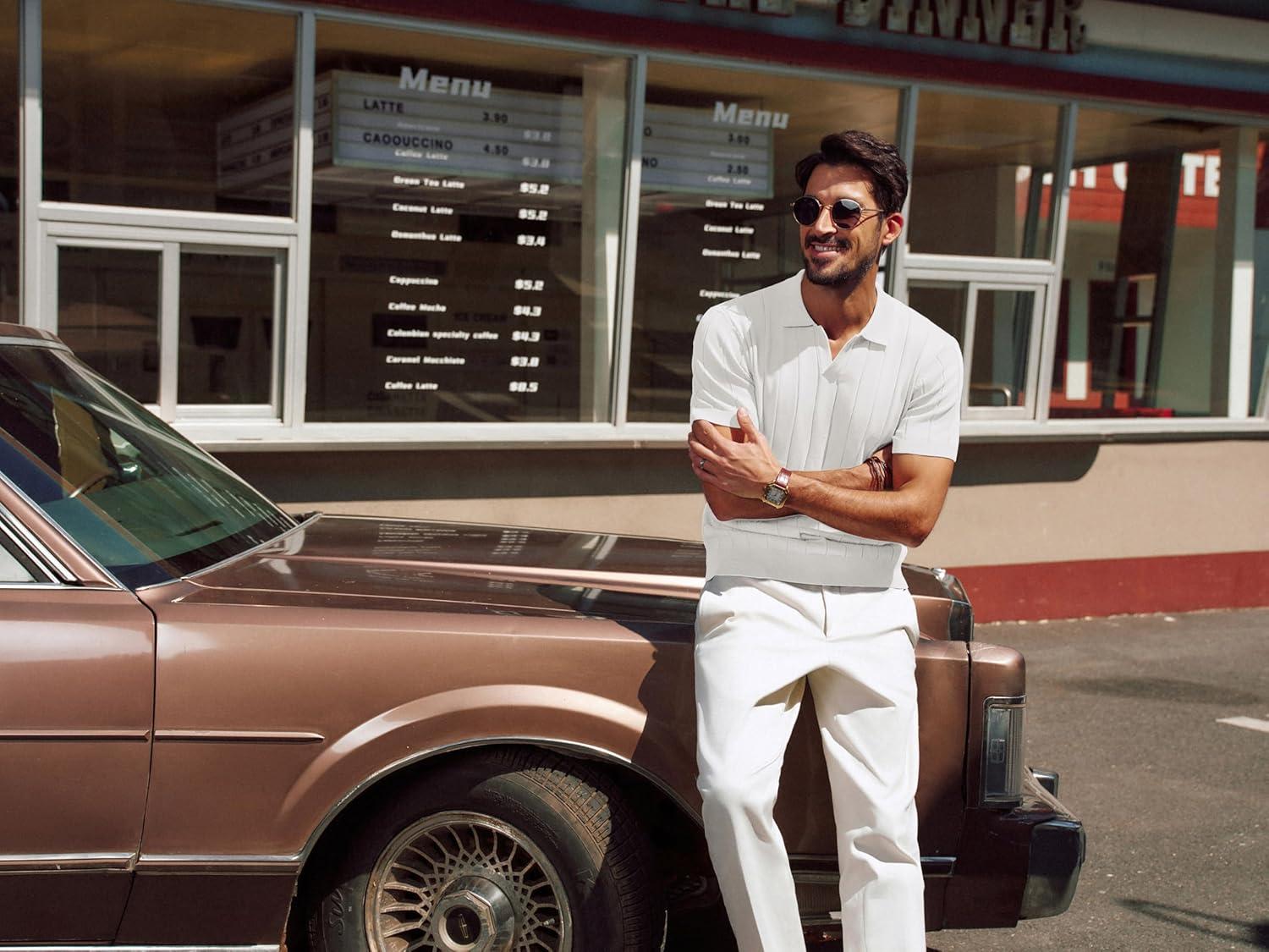 imagePJ PAUL JONES Mens Polo Shirt V Neck Texture Shirt Short Sleeve Casual Knit PolosWhite