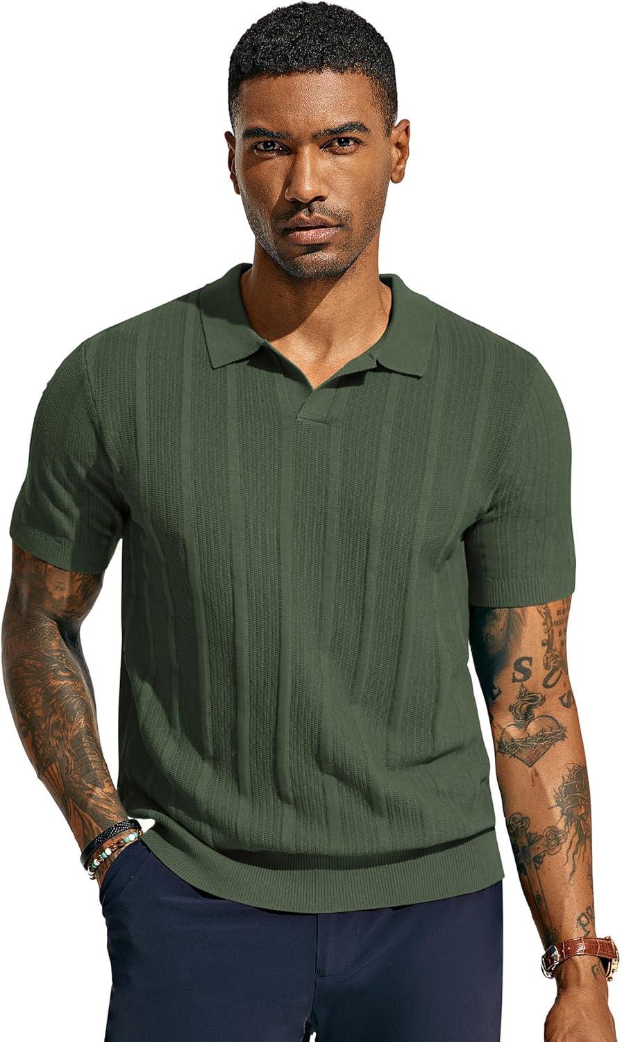 imagePJ PAUL JONES Mens Polo Shirts Regular Fit Textured VNeck Knit Golf PolosArmy Green