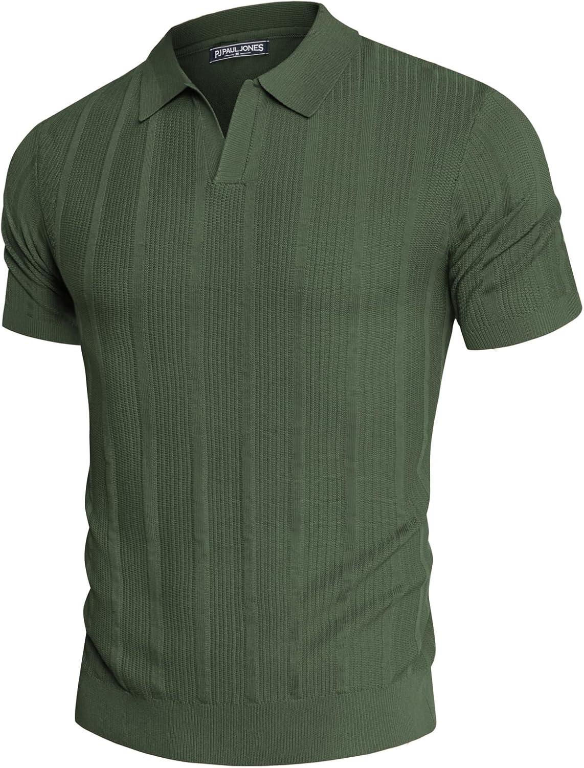 imagePJ PAUL JONES Mens Polo Shirts Regular Fit Textured VNeck Knit Golf PolosArmy Green