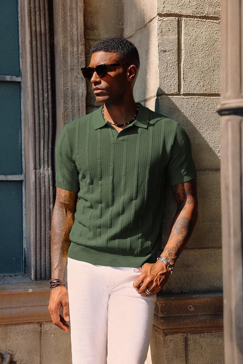 imagePJ PAUL JONES Mens Polo Shirts Regular Fit Textured VNeck Knit Golf PolosArmy Green