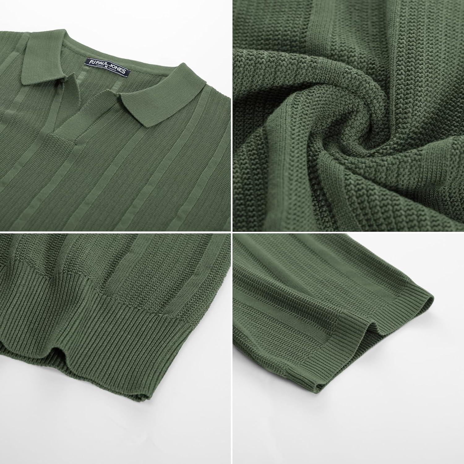 imagePJ PAUL JONES Mens Polo Shirts Regular Fit Textured VNeck Knit Golf PolosArmy Green