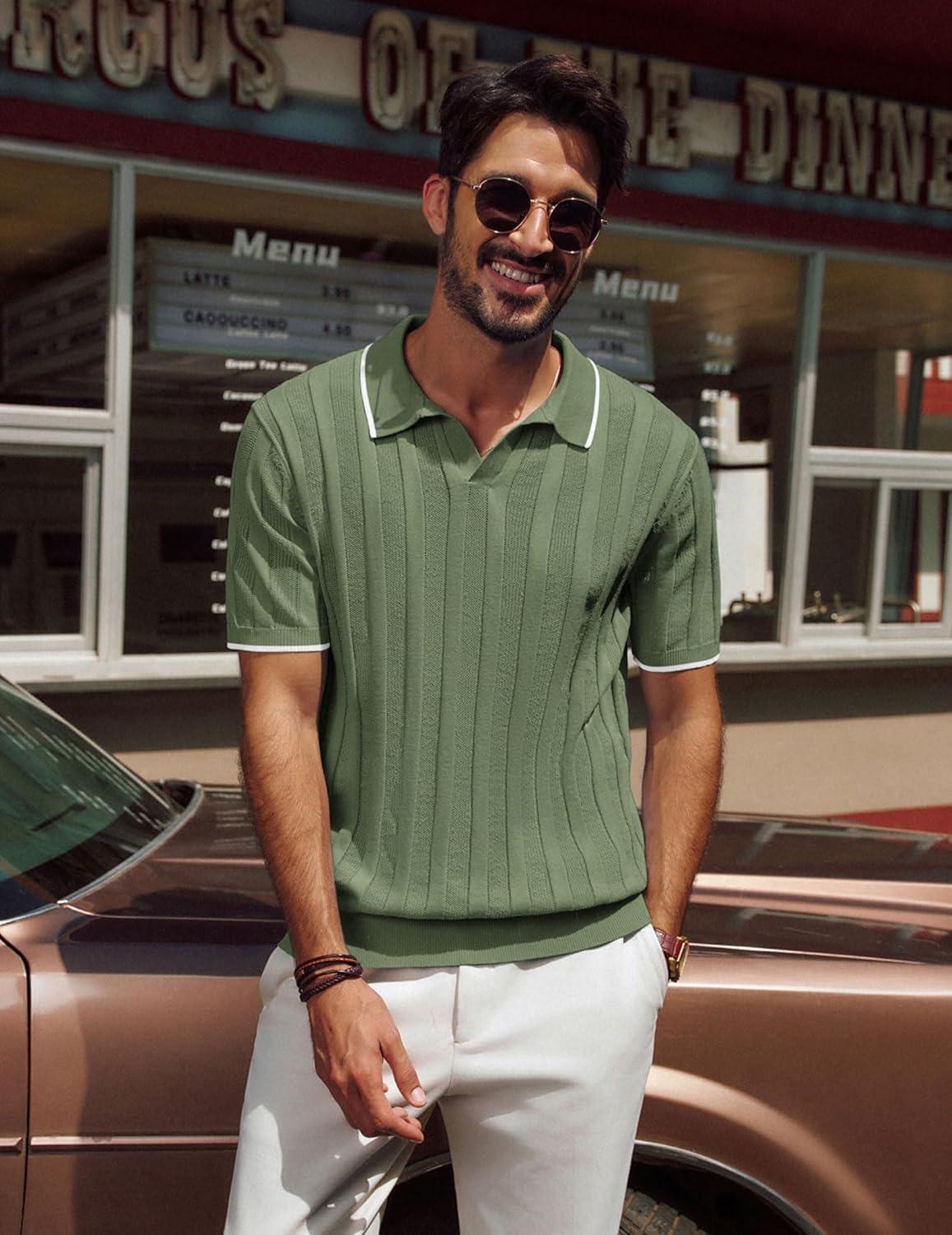 imagePJ PAUL JONES Mens Polo Shirts Regular Fit Textured VNeck Knit Golf PolosArmy Green Contrast