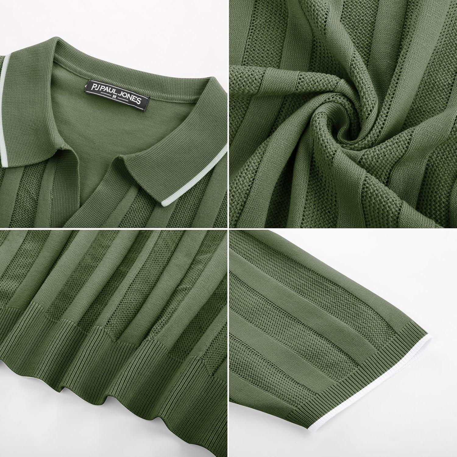 imagePJ PAUL JONES Mens Polo Shirts Regular Fit Textured VNeck Knit Golf PolosArmy Green Contrast