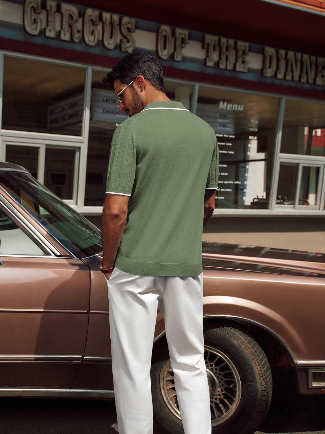 imagePJ PAUL JONES Mens Polo Shirts Regular Fit Textured VNeck Knit Golf PolosArmy Green Contrast